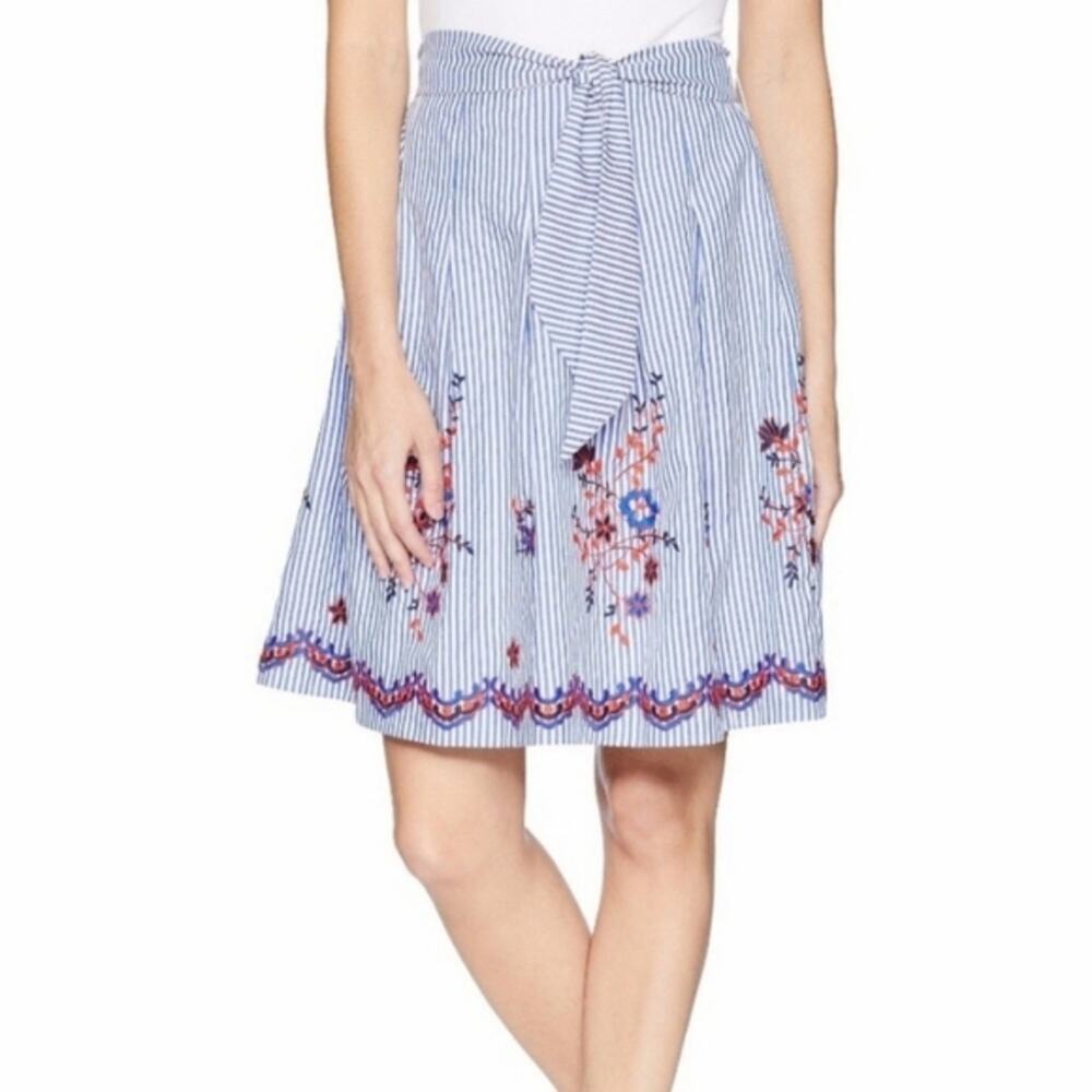 Nine West Seersucker Striped Pleated Embroidered Skirt Plus Size 16